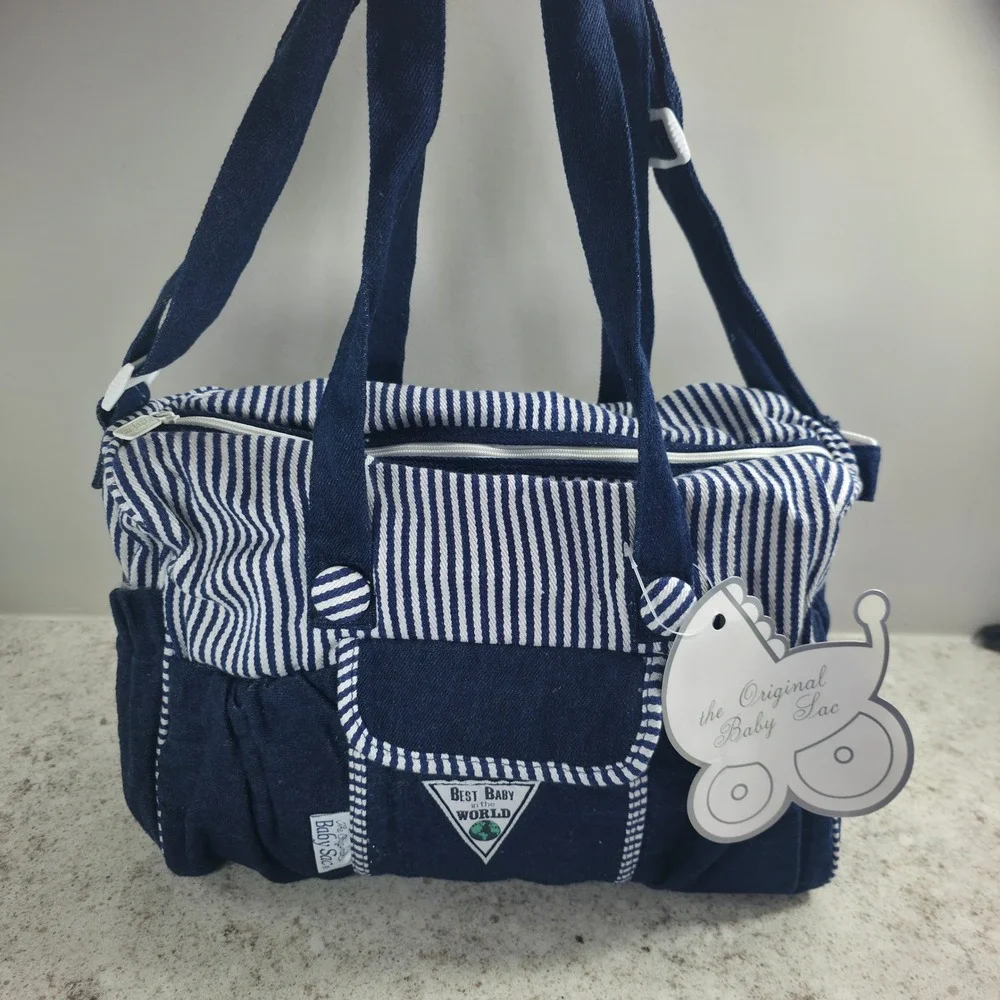 Vintage Baby Sac Denim Diaper Bag Satchel Navy Blue White Stripe NWT 90s
